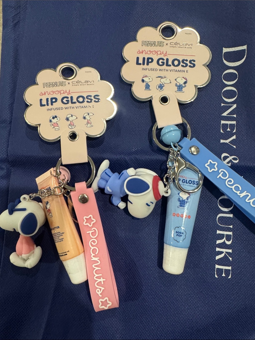 2 Peanuts Snoopy Lip Gloss Keychain Pair - Pink & Blue